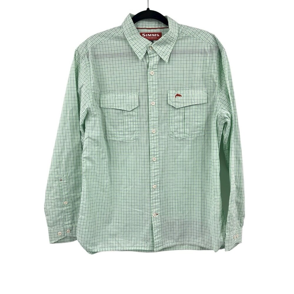 SIMMS Men's Light Green Plaid Button Down Long Sleeve Shirt Large